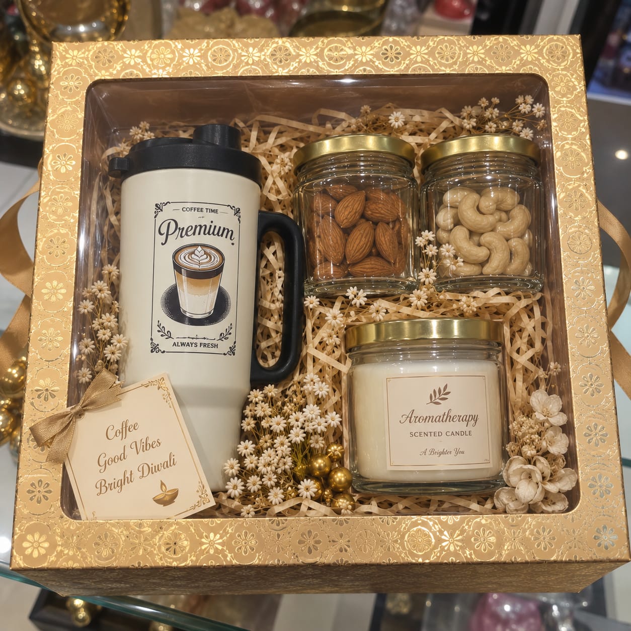 Gift hamper with a premium coffee tumbler, almonds, cashews, and an aromatherapy candle