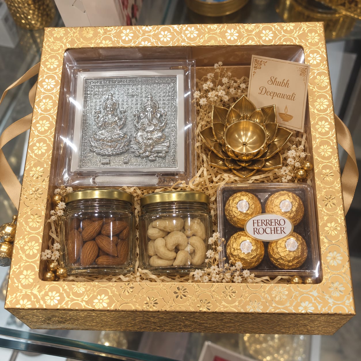 Gold gift hamper with a silver Lakshmi-Ganesh frame, brass lotus diya, almonds, cashews and Ferrero Rocher