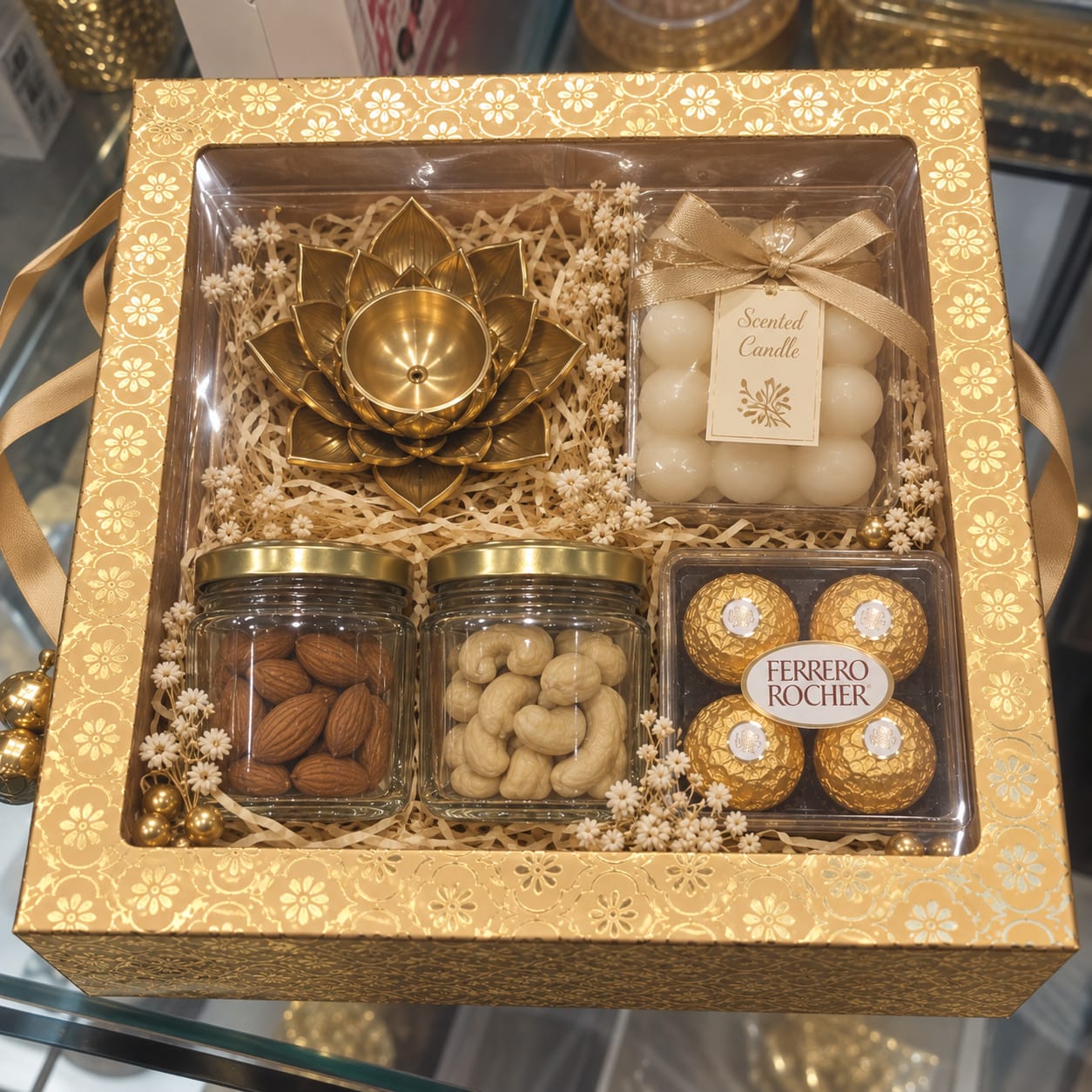 Gift hamper with a brass lotus candle holder, scented candle balls, almonds, cashews and Ferrero Rocher