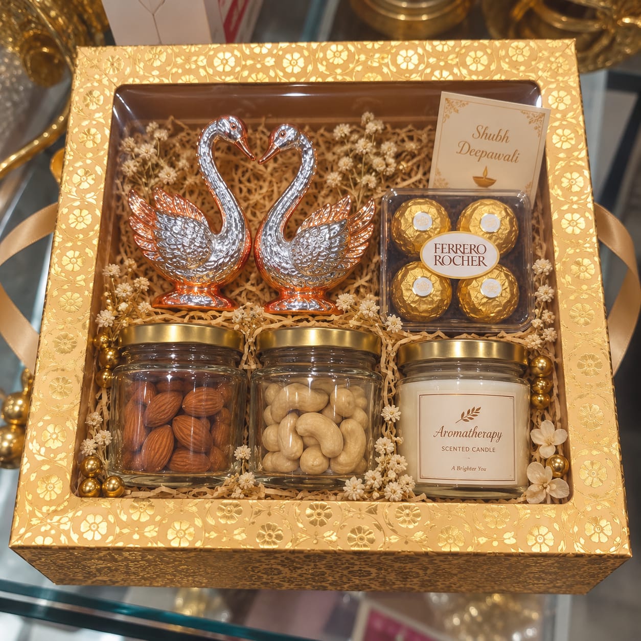 Advaya gift hamper with silver swan figurines, dry fruits, and Ferrero Rocher, arranged in a gold foil box